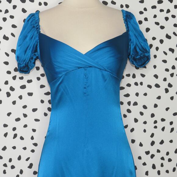 Alexis Blue Cadiz Silk Blend Puff Sleeve Satin Cocktail Midi Dress - Picture 7 of 12